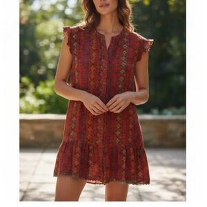 SALONI Geometric Floral Print Ruffle Sleeve Cotton Silk Boho‎ Mini Dress Size 2